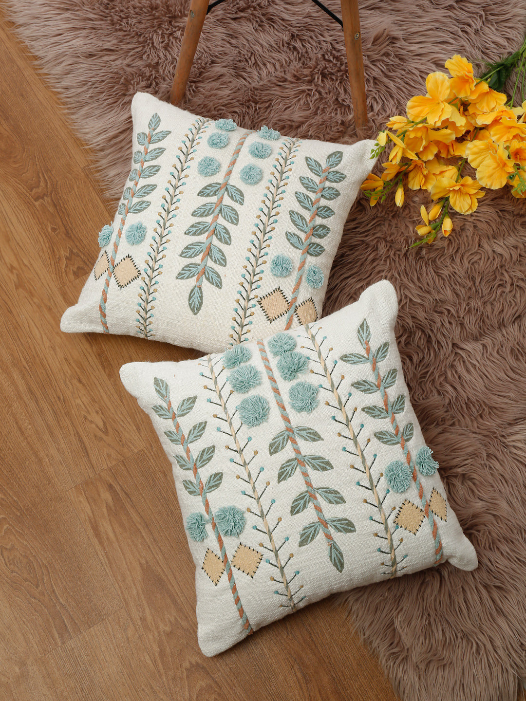 Set of 2 White & Aqua Cotton Embroidered Square Cushion Covers