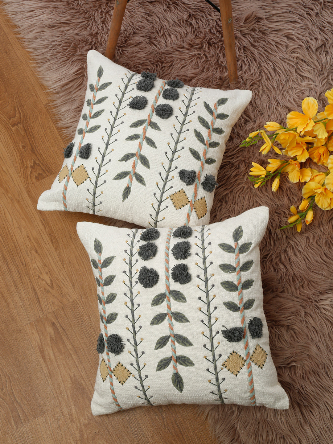 Set of 2 White & Grey  Embroidered Square Cotton Cushion Covers
