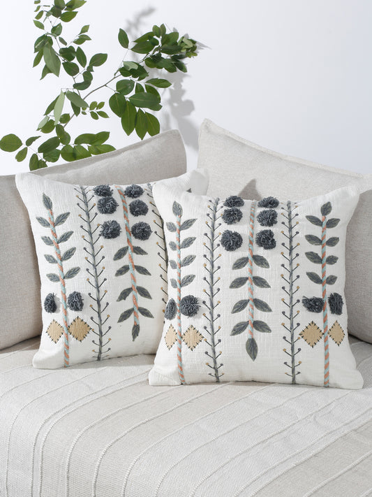 Set of 2 White & Grey  Embroidered Square Cotton Cushion Covers