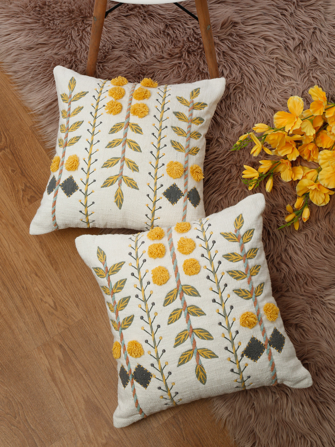 Set of 2 White & Yellow Cotton Embroidered Square Cushion Covers