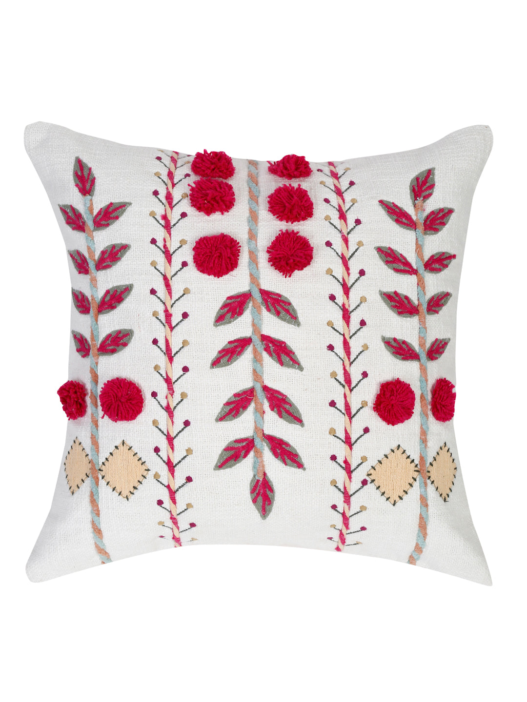 Set of 2 White & Magenta Cotton Embroidered Square Cushion Covers