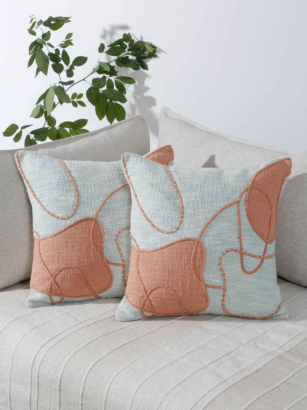 Peach-Coloured & Blue 2 Pieces Cotton Square Cushion Covers