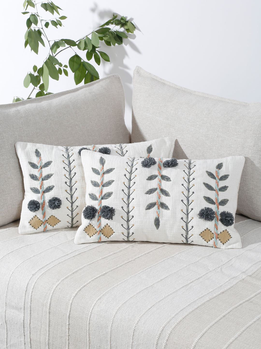 Set of 2 White & Grey Cotton Embroidered Square Cushion Covers