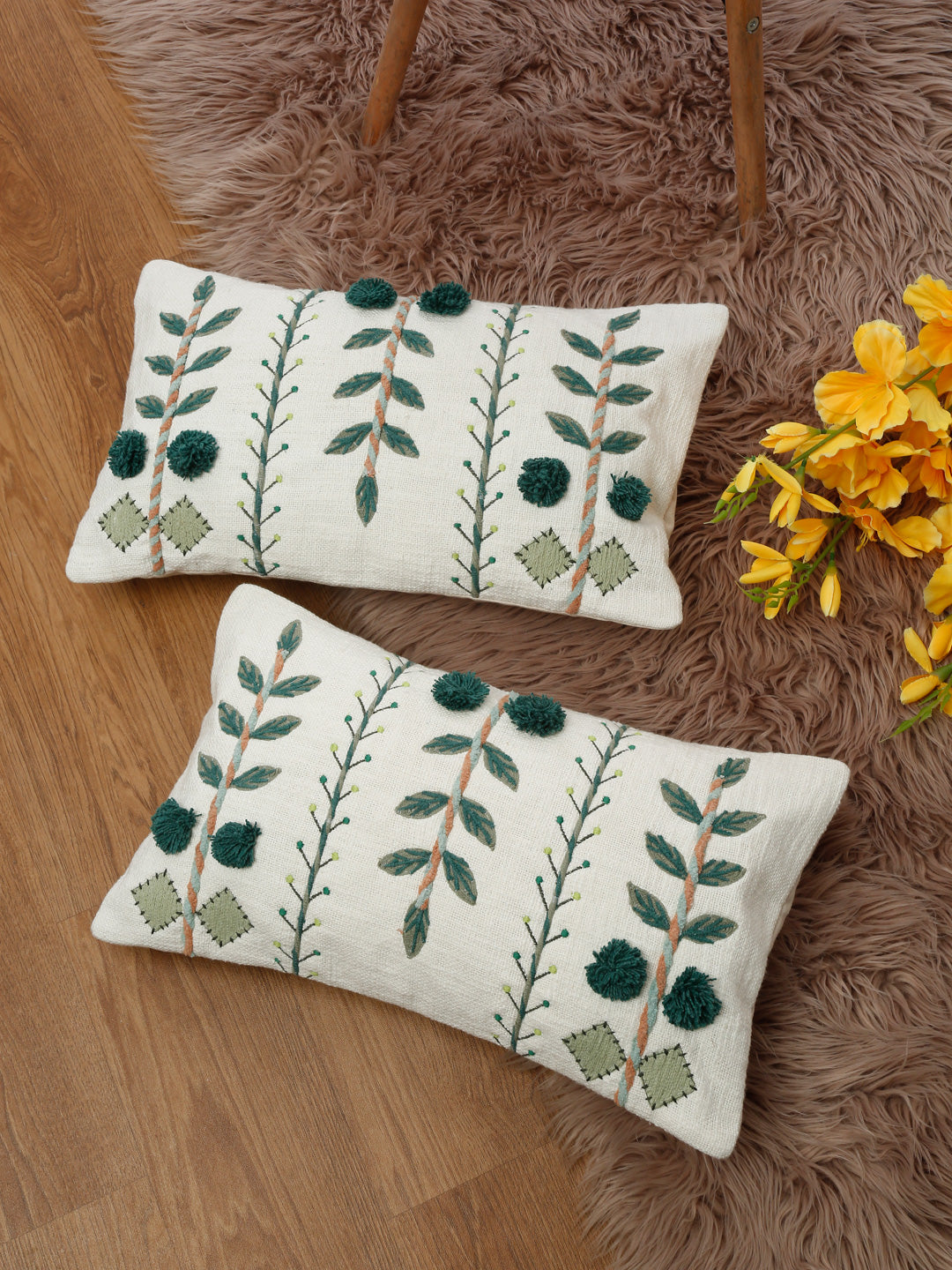 Set of 2 White & Green Cotton Embroidered Square Cushion Covers