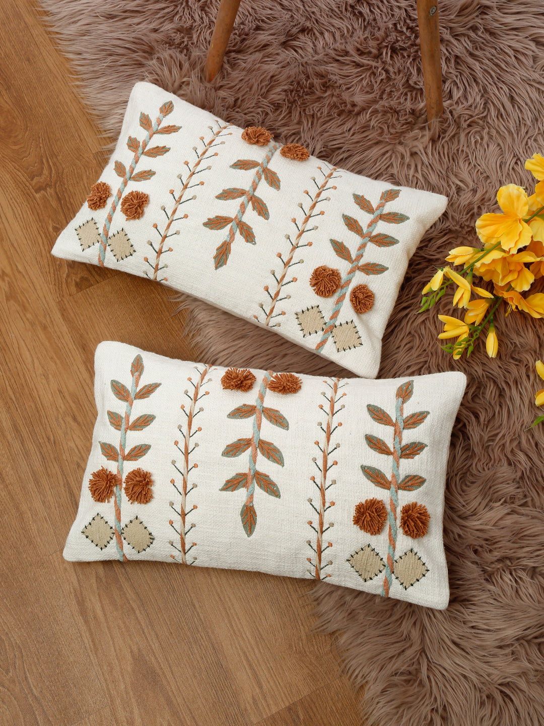 Set of 2 White & Rust Cotton Embroidered Square Cushion Covers