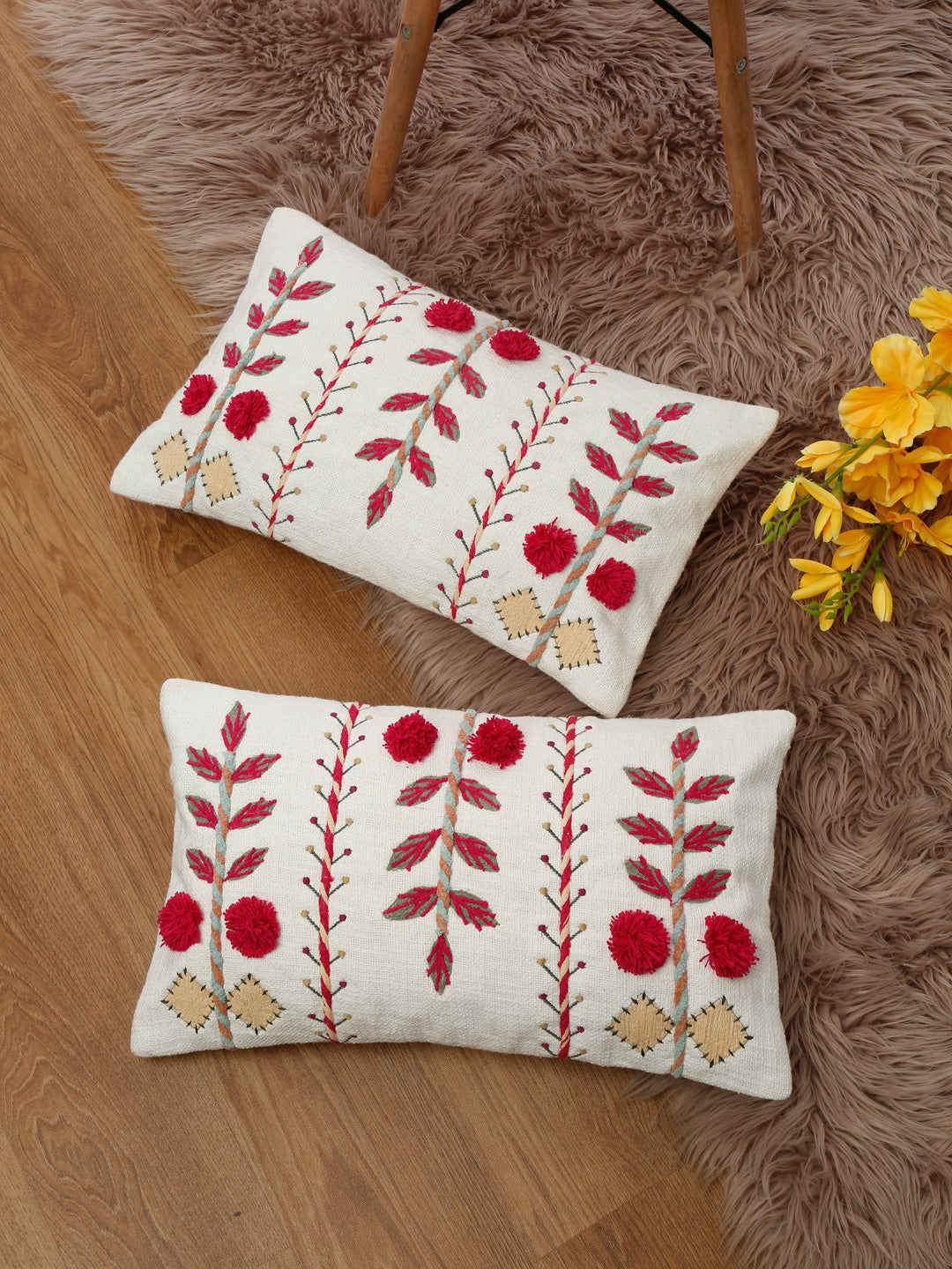 Set of 2 White & Magenta Cotton Embroidered Square Cushion Covers