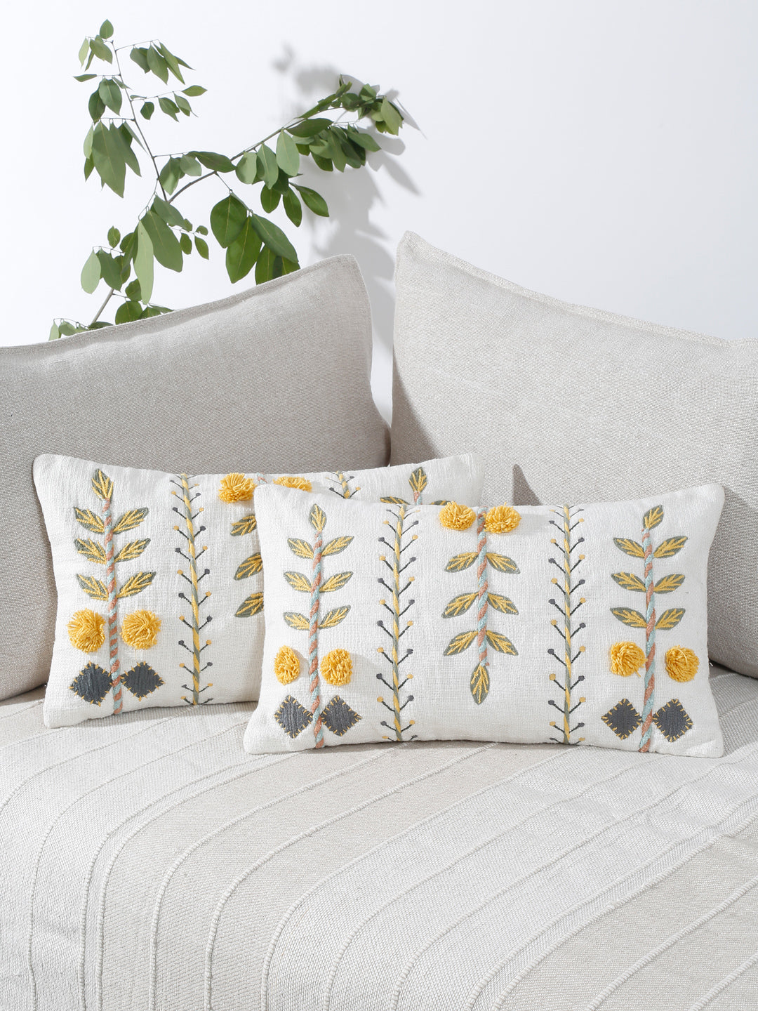Set of 2 White & Yellow Cotton Embroidered Square Cushion Covers