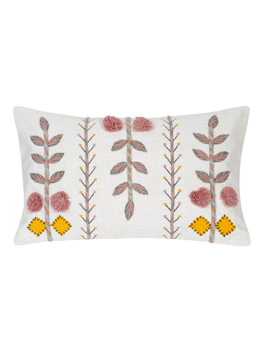 Set of 2 White & Pink Cotton Embroidered Square Cushion Covers
