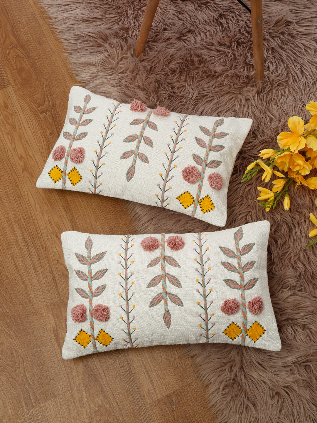 Set of 2 White & Pink Cotton Embroidered Square Cushion Covers