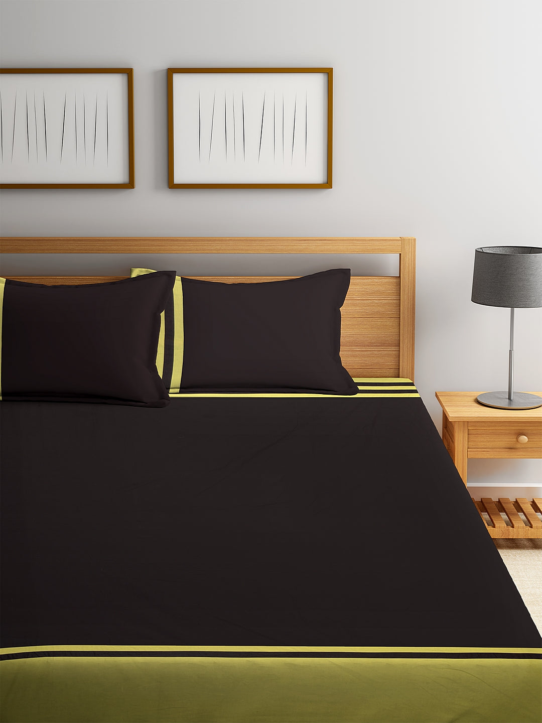 Coffee Brown & Lime Green Geometric 260 TC Cotton 1 King Bedsheet with 2 Pillow Covers