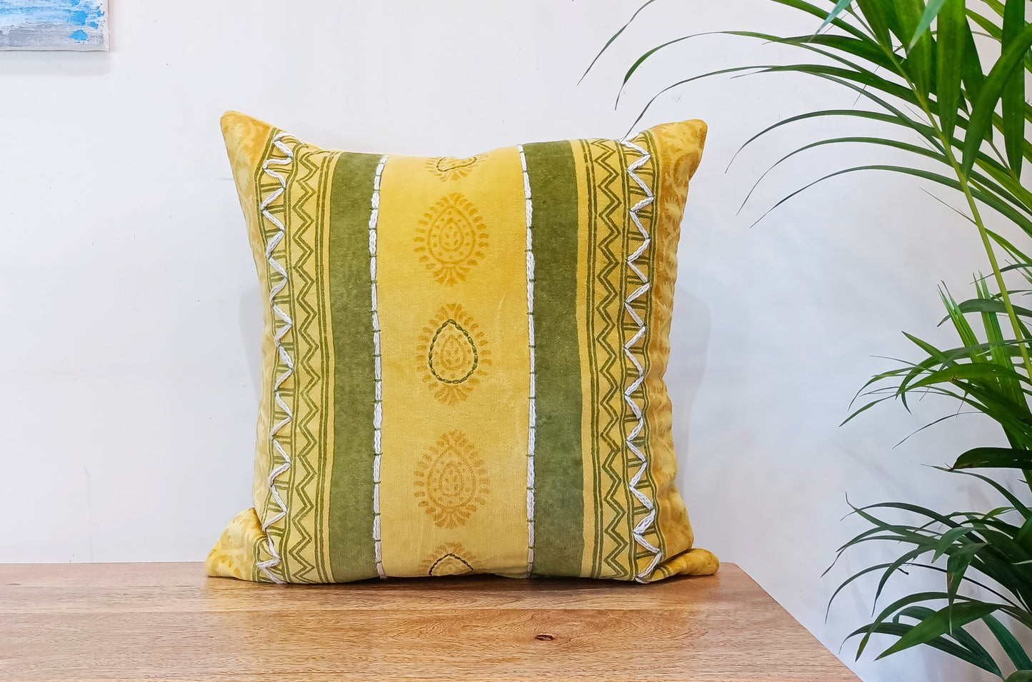 Set of 2 Canary Yellow & Olive Green Handblock Square Cotton Cushion Covers