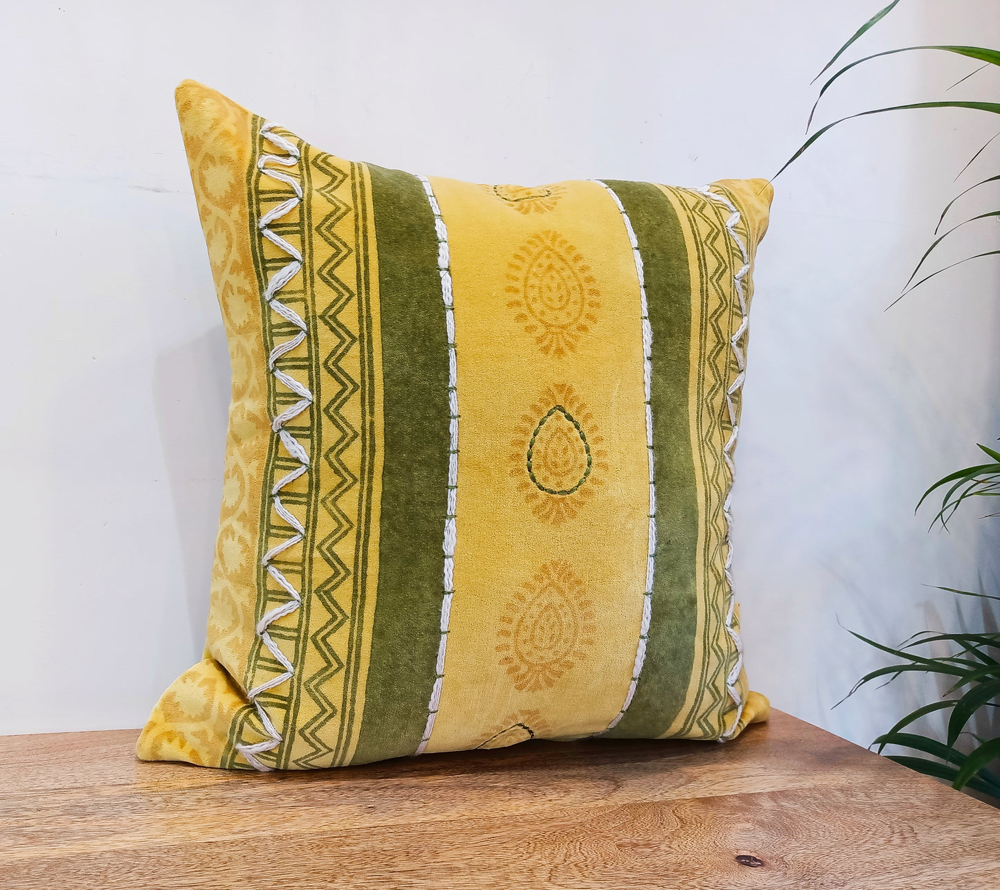 Set of 2 Canary Yellow & Olive Green Handblock Square Cotton Cushion Covers