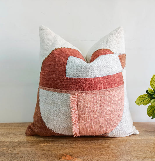 Set of 2 White  & Peach-Beige patched Square Cotton Cushion Covers