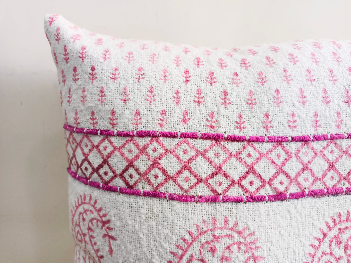 Set of 2 Taffy Pink & White Handblock- Printed Square Cushion Covers