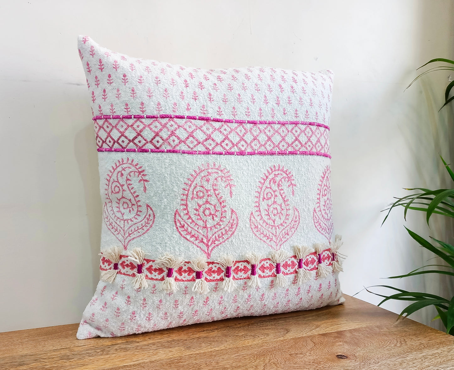 Set of 2 Taffy Pink & White Handblock- Printed Square Cushion Covers