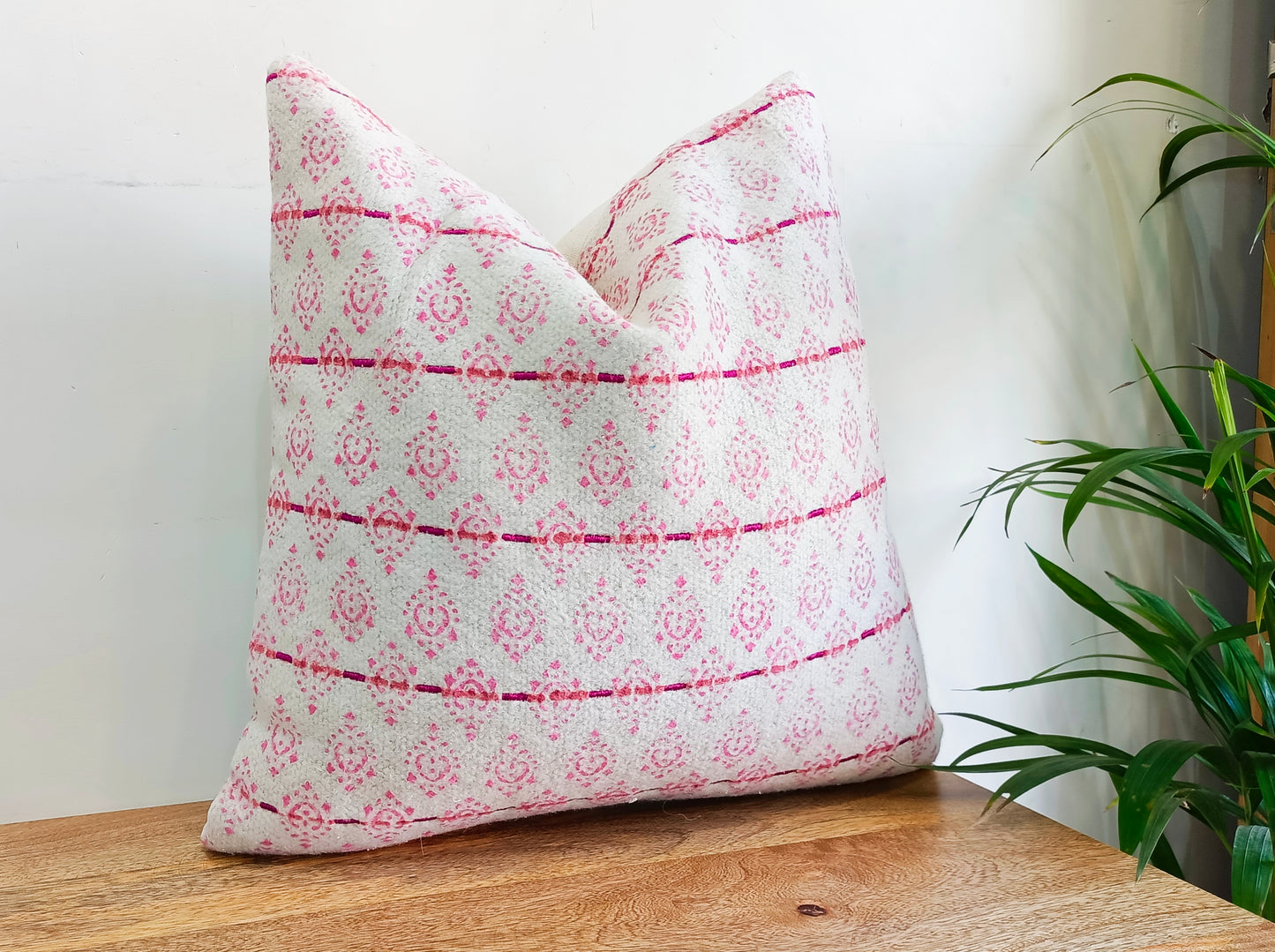 Set of 2 White & Pink Handblock- Printed Square Cushion Covers