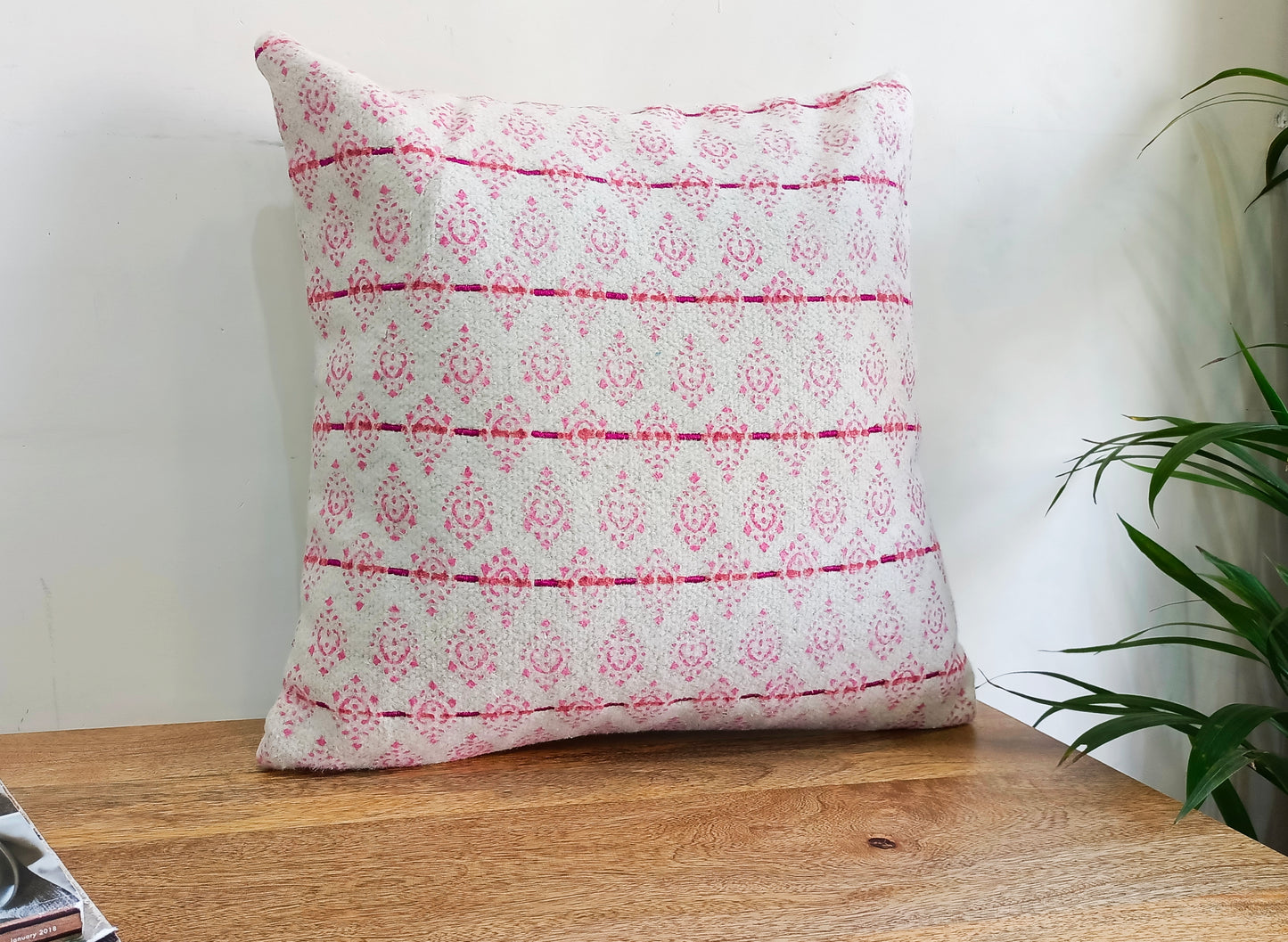Set of 2 White & Pink Handblock- Printed Square Cushion Covers