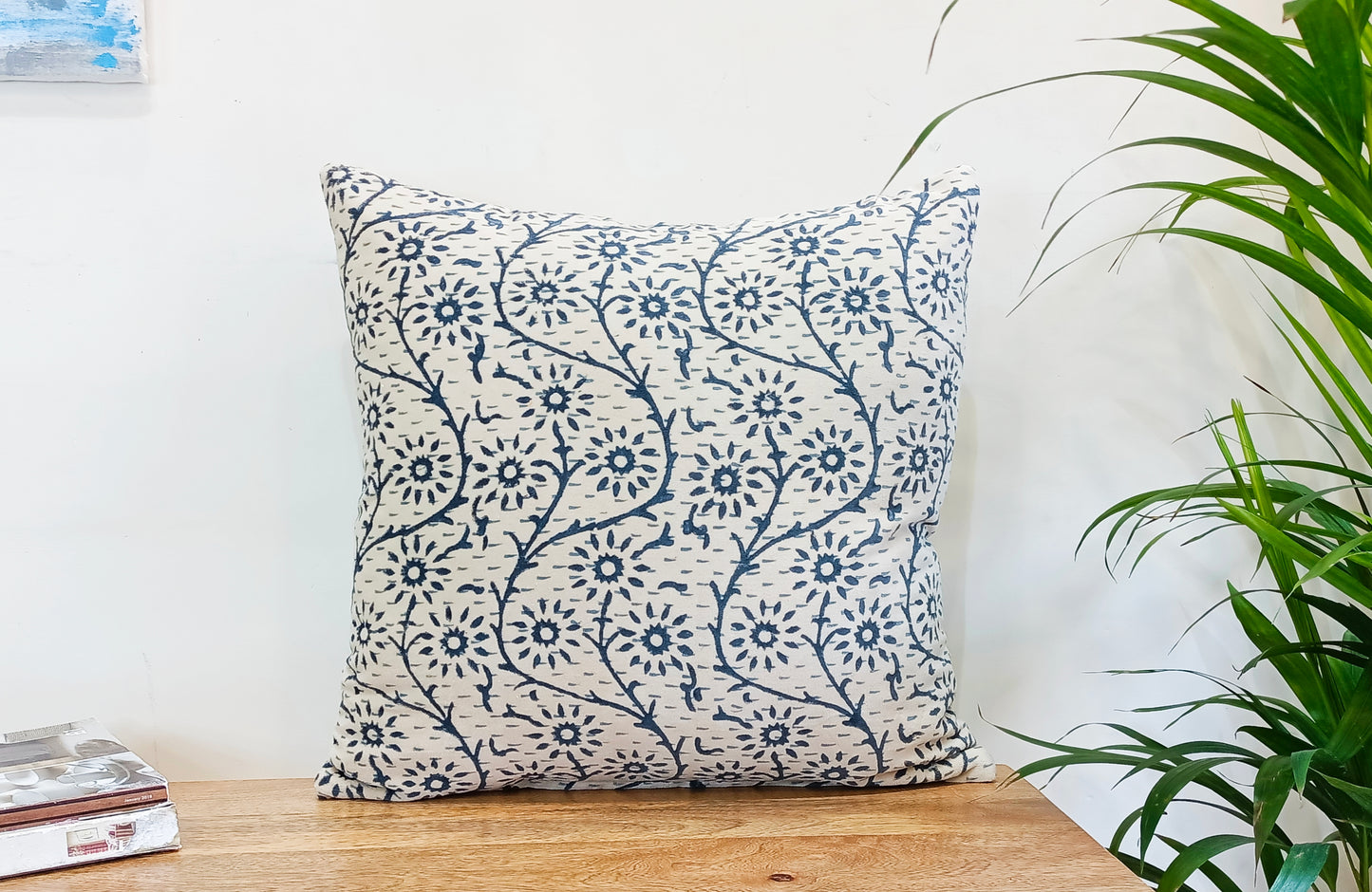 Set of 2 White & Blue Designer Handblock Print Square Cotton Cushion Covers