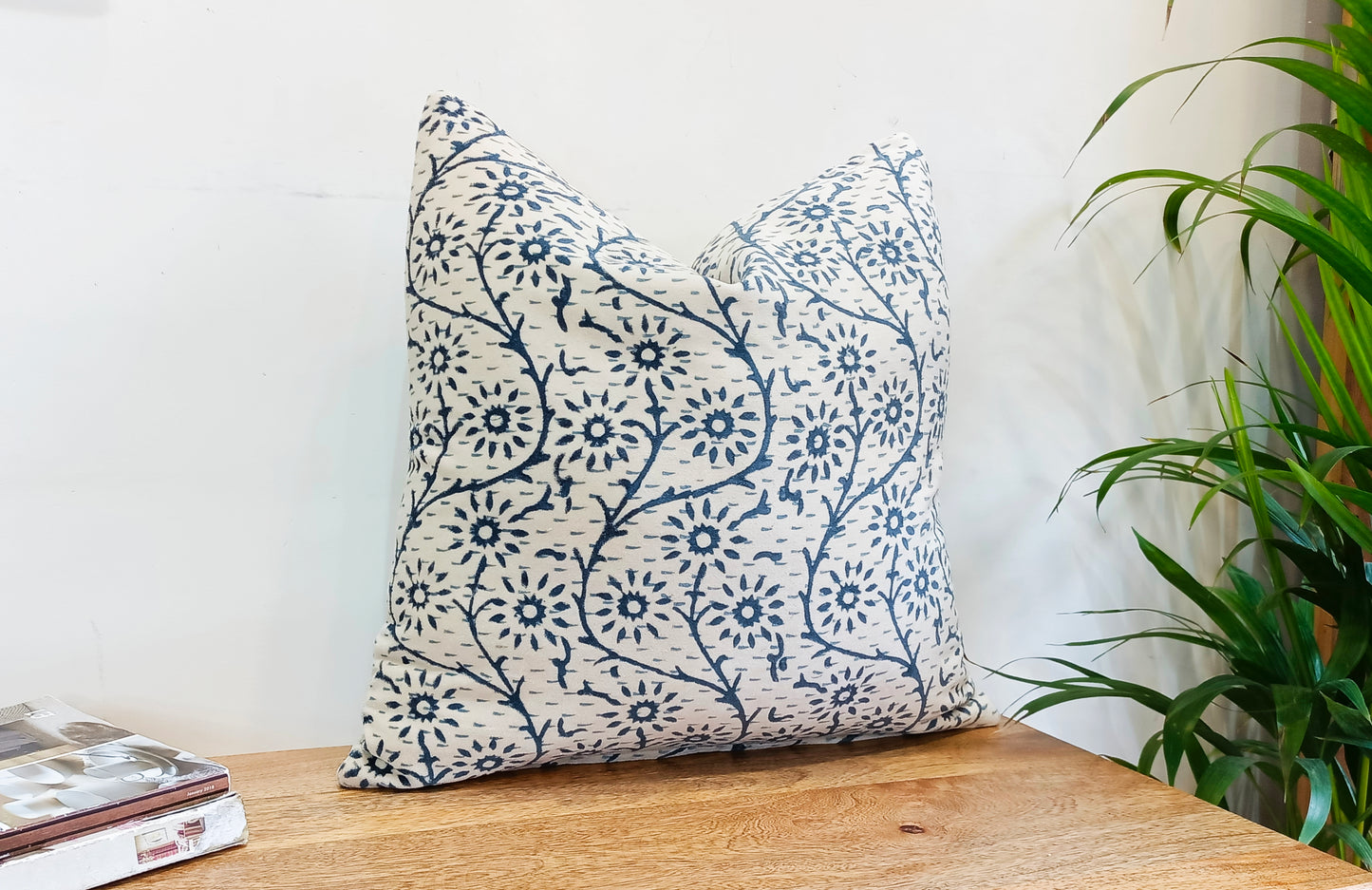 Set of 2 White & Blue Designer Handblock Print Square Cotton Cushion Covers