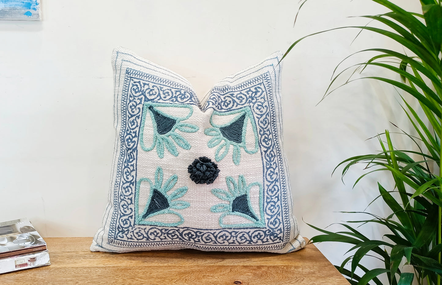 Set of 2 Azure Blue & Cyan Designer Handblock Print Square Cotton Cushion Covers