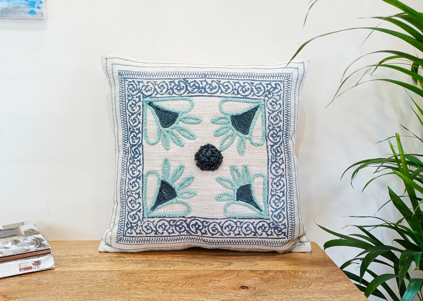 Set of 2 Azure Blue & Cyan Designer Handblock Print Square Cotton Cushion Covers