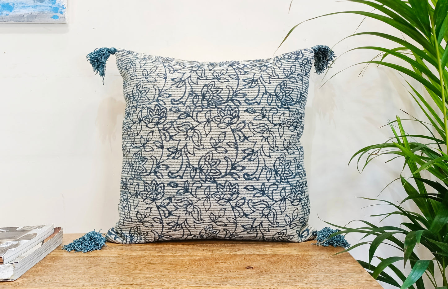 Floral Blue-Coloured Set of 2 Handblock Square Cotton Cushion Covers