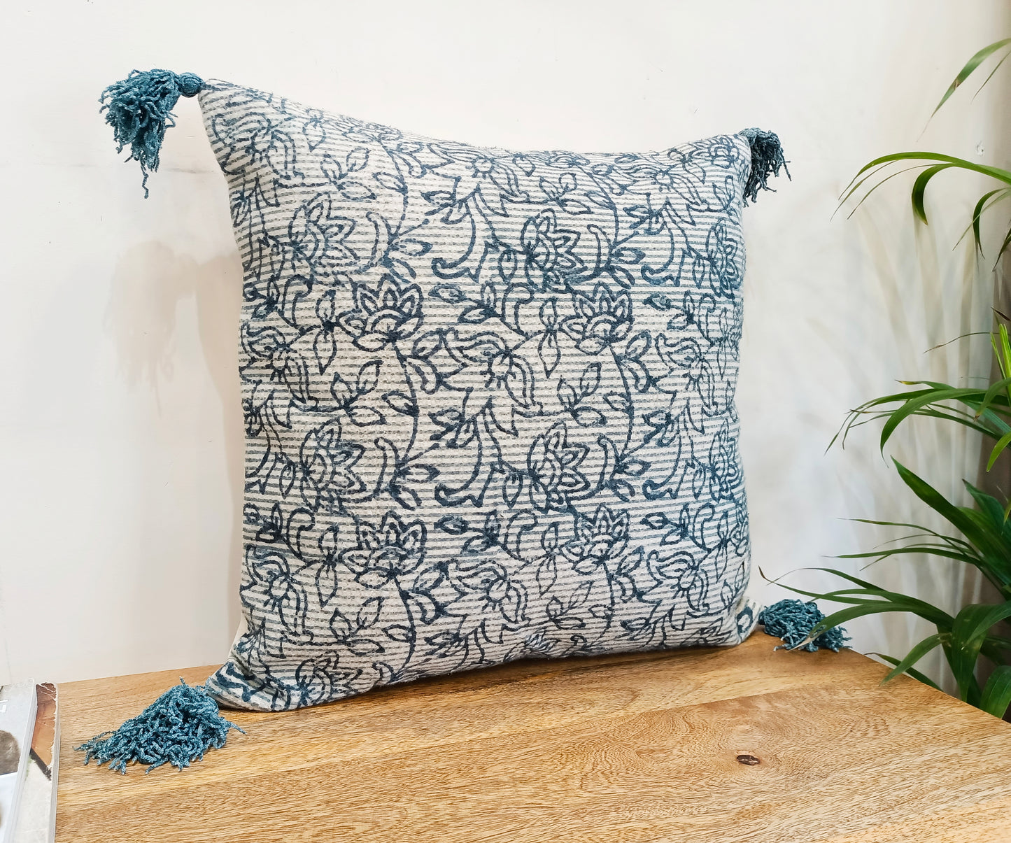 Floral Blue-Coloured Set of 2 Handblock Square Cotton Cushion Covers
