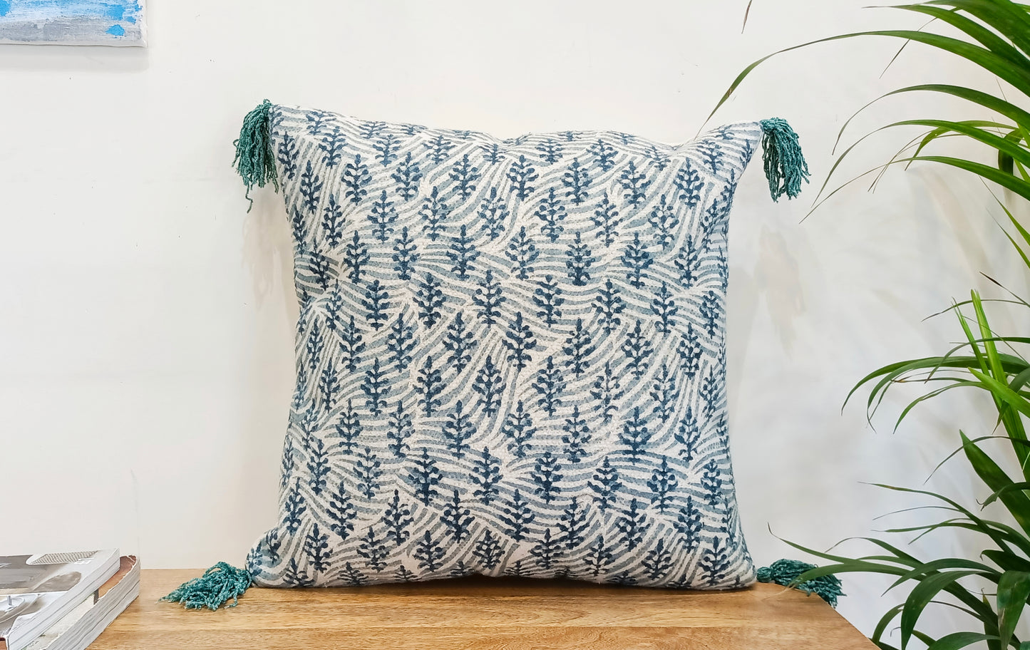 Blue-Coloured Set of 2 Handblock Square Cotton Cushion Covers