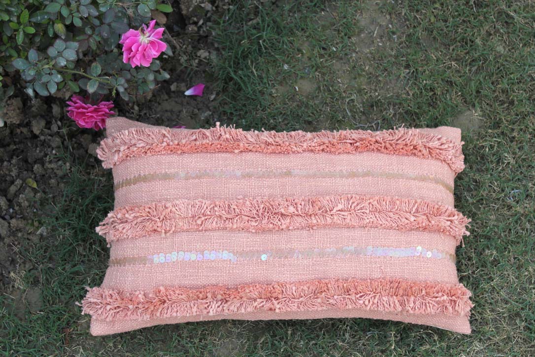 Set Of 2 Peach Color 12 X 20 Handmade Sequins Work Cotton Cushion Cover