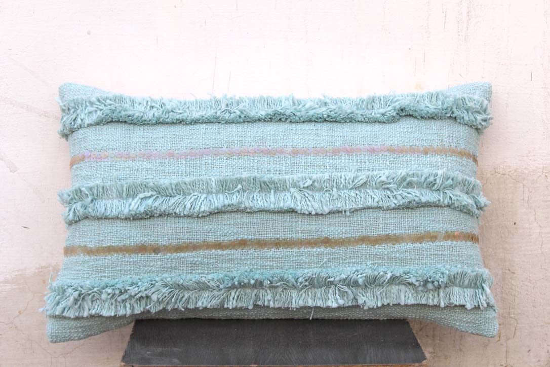 Set of 2 Aqua Color 12 X 20 Handmade Sequins Work Cotton Cushion Cover