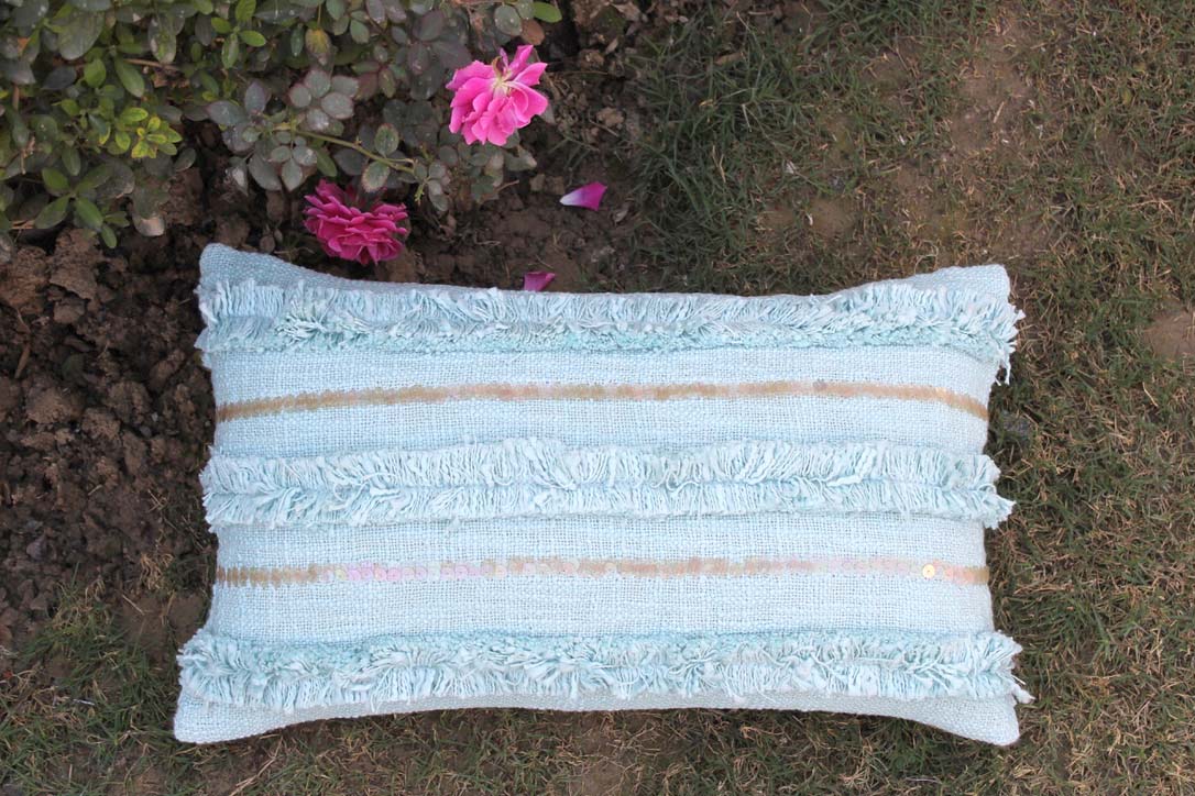 Set of 2 Aqua Color 12 X 20 Handmade Sequins Work Cotton Cushion Cover