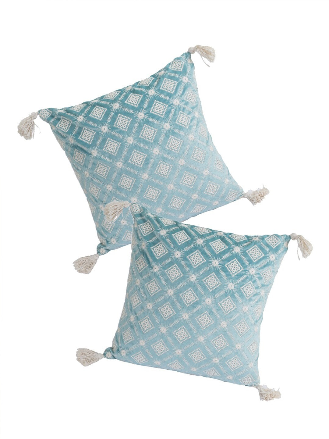 Set of 2 Turquoise Blue Embroidered Velvet Square Cushion Covers