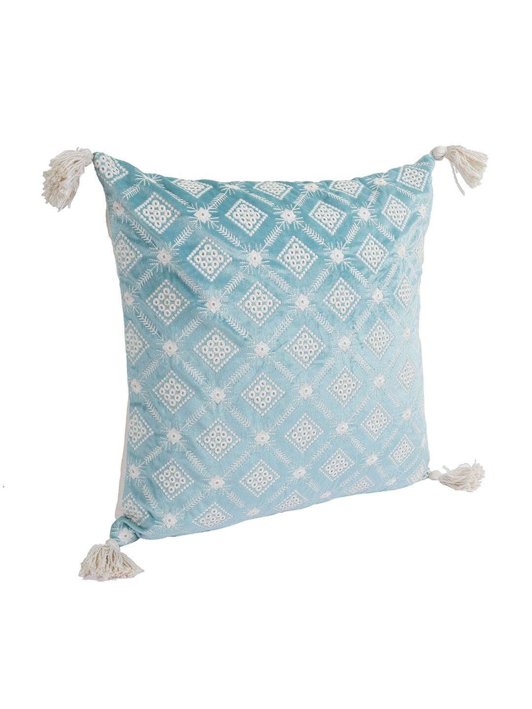 Set of 2 Turquoise Blue Embroidered Velvet Square Cushion Covers