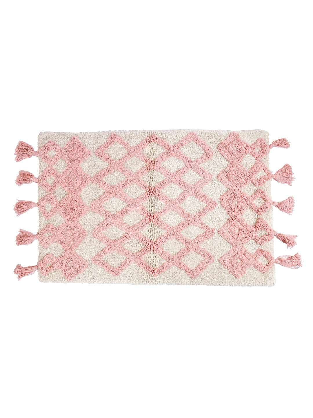 White and Pink Self Design Tassels Cotton Bath Rug