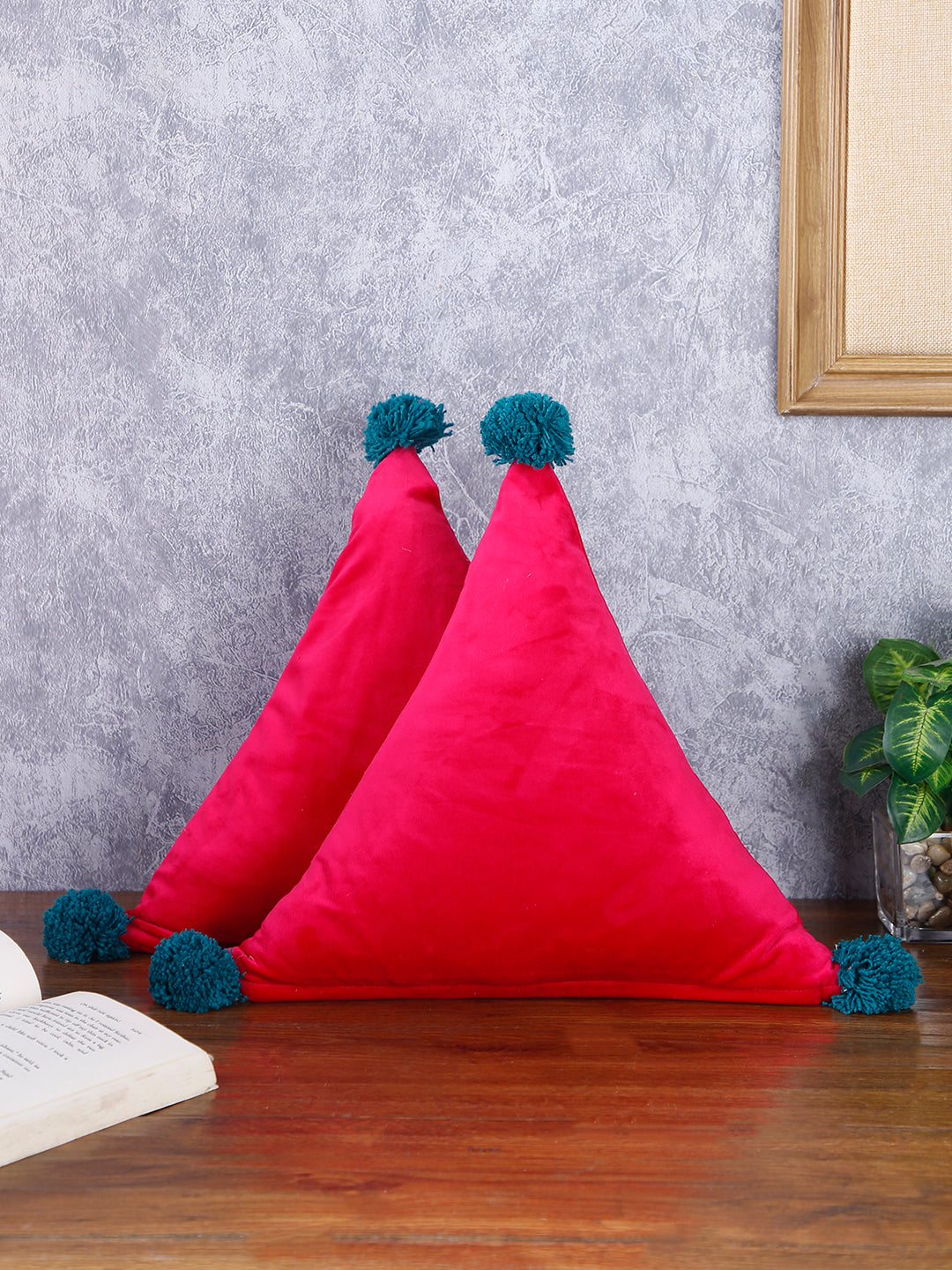 Set Of 2 Fuchsia Pink & Blue Triangle Shaped Super Soft Velvet Sustainable Cushions