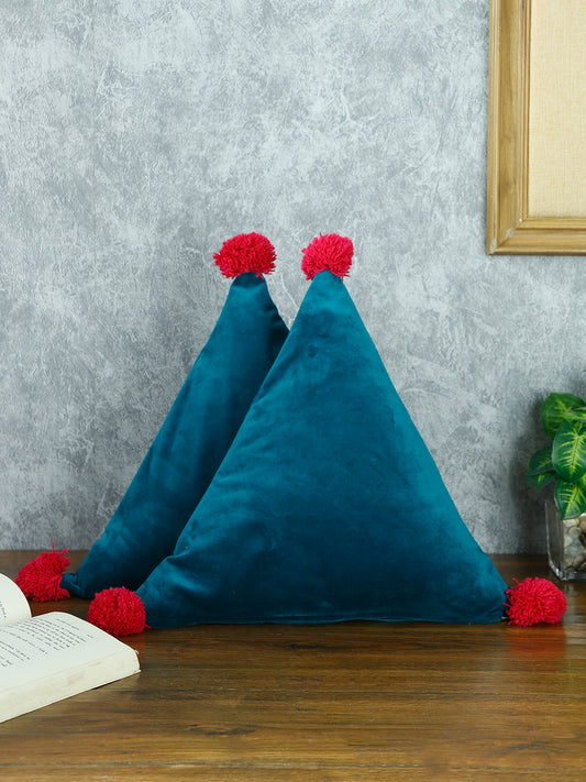 Set of 2 Teal Solid Super Soft Velvet Triangle Filled Sustainable Cushions