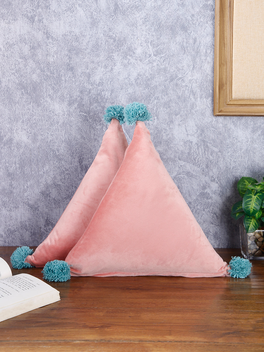 Set of 2 Peach-Coloured Solid Super Soft Velvet Triangle Filled Sustainable Cushions