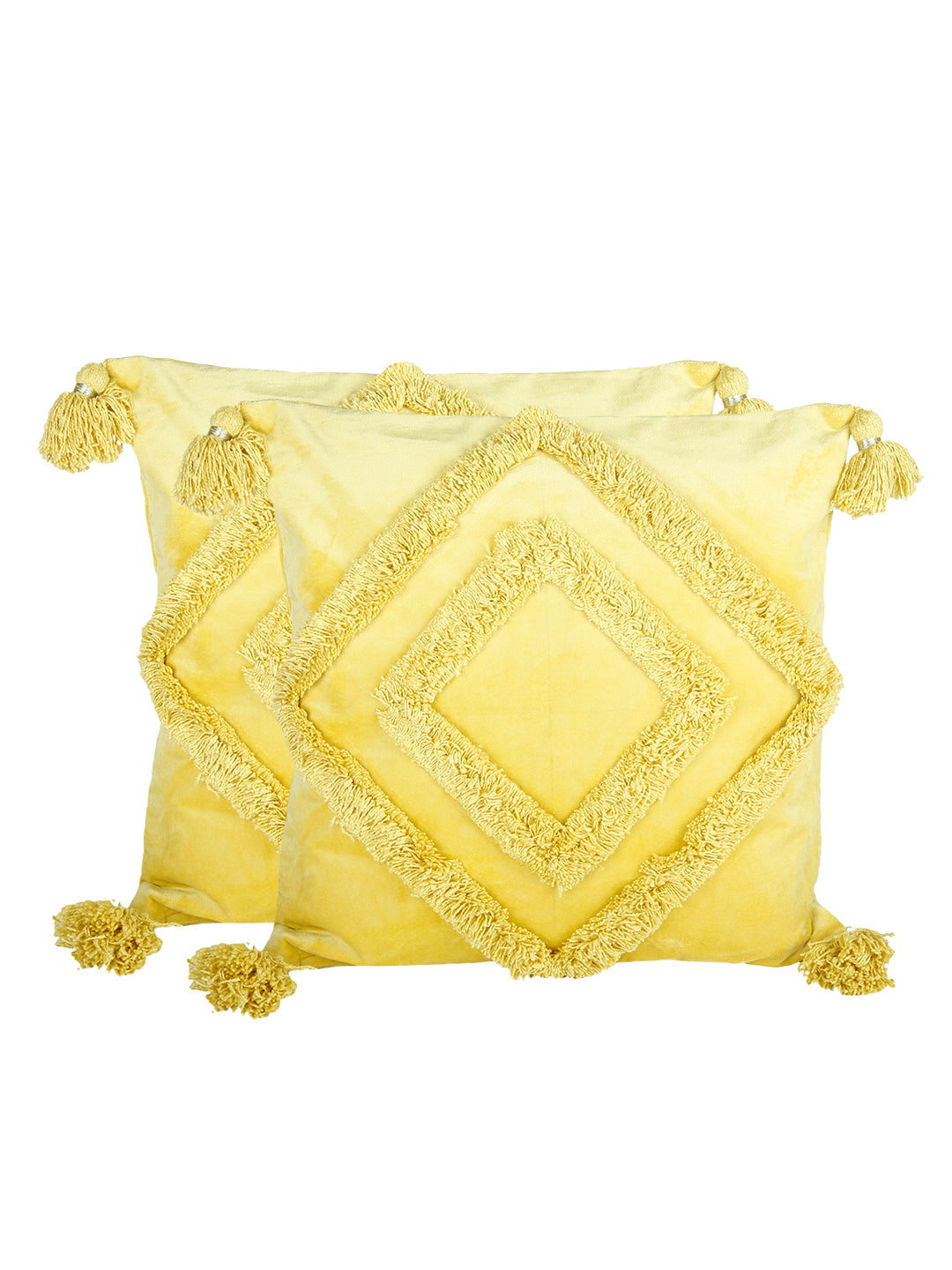 Set of 2 Yellow Embellished Velvet Square Cushion Covers