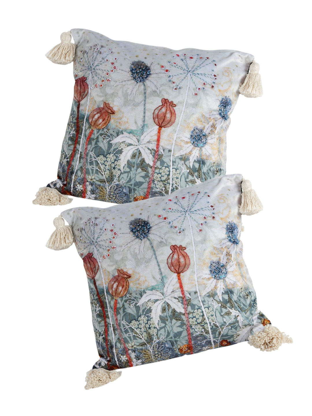 Grey & Blue Set of 2 Floral Square Cushion Covers