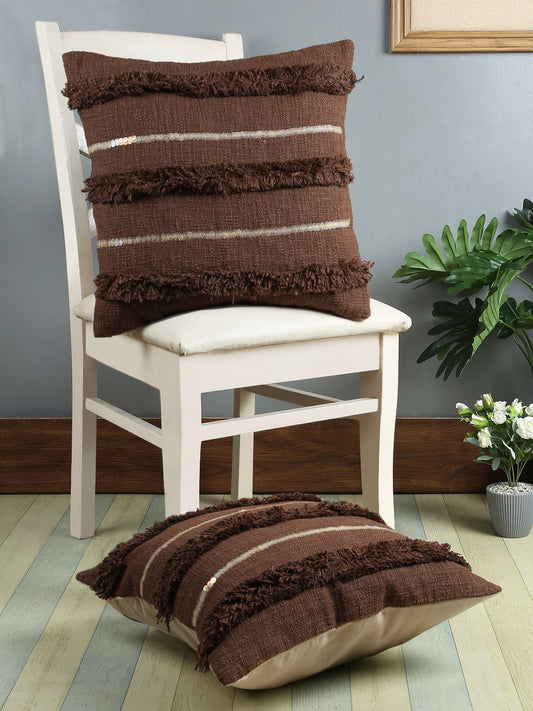 Coffee Brown Set of 2 Embroidered Square Cushion Covers