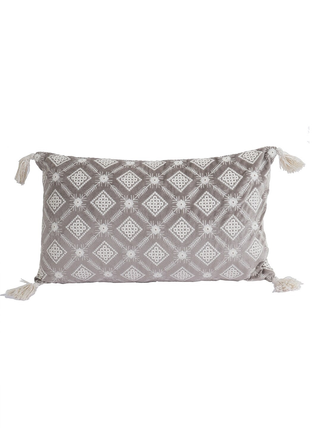 Grey & White Set of 2 Embroidered Velvet Rectangle Cushion Covers