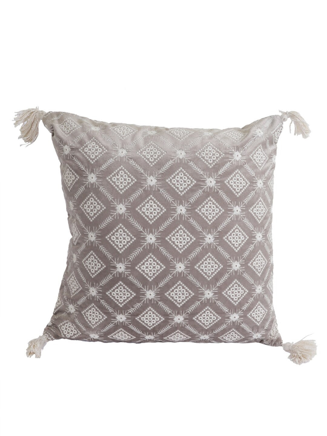 Grey & White Set of 2 Embroidered Velvet Square Cushion Covers