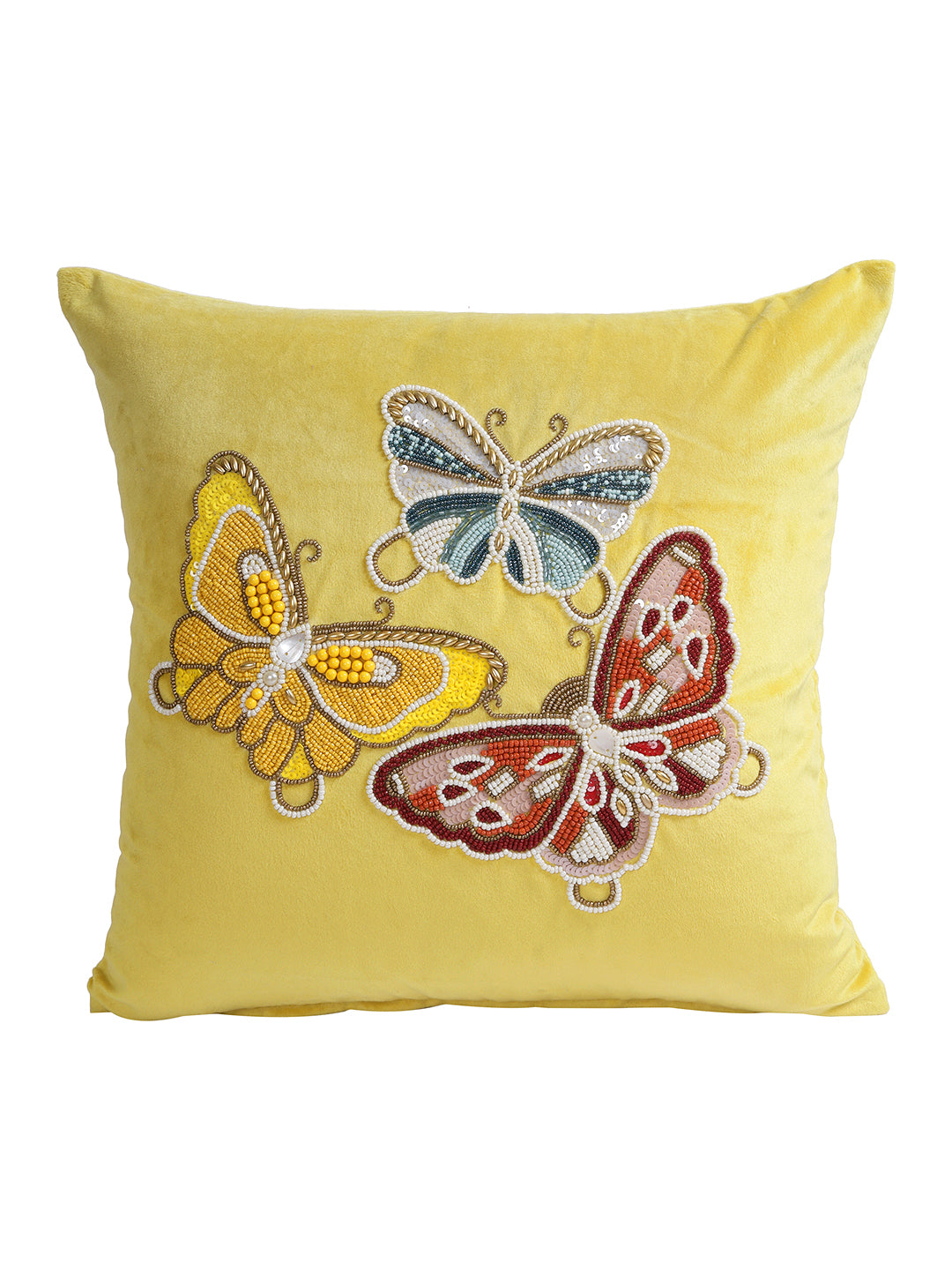 Set Of 2 Yellow Embellished Velvet Square Cushion Covers