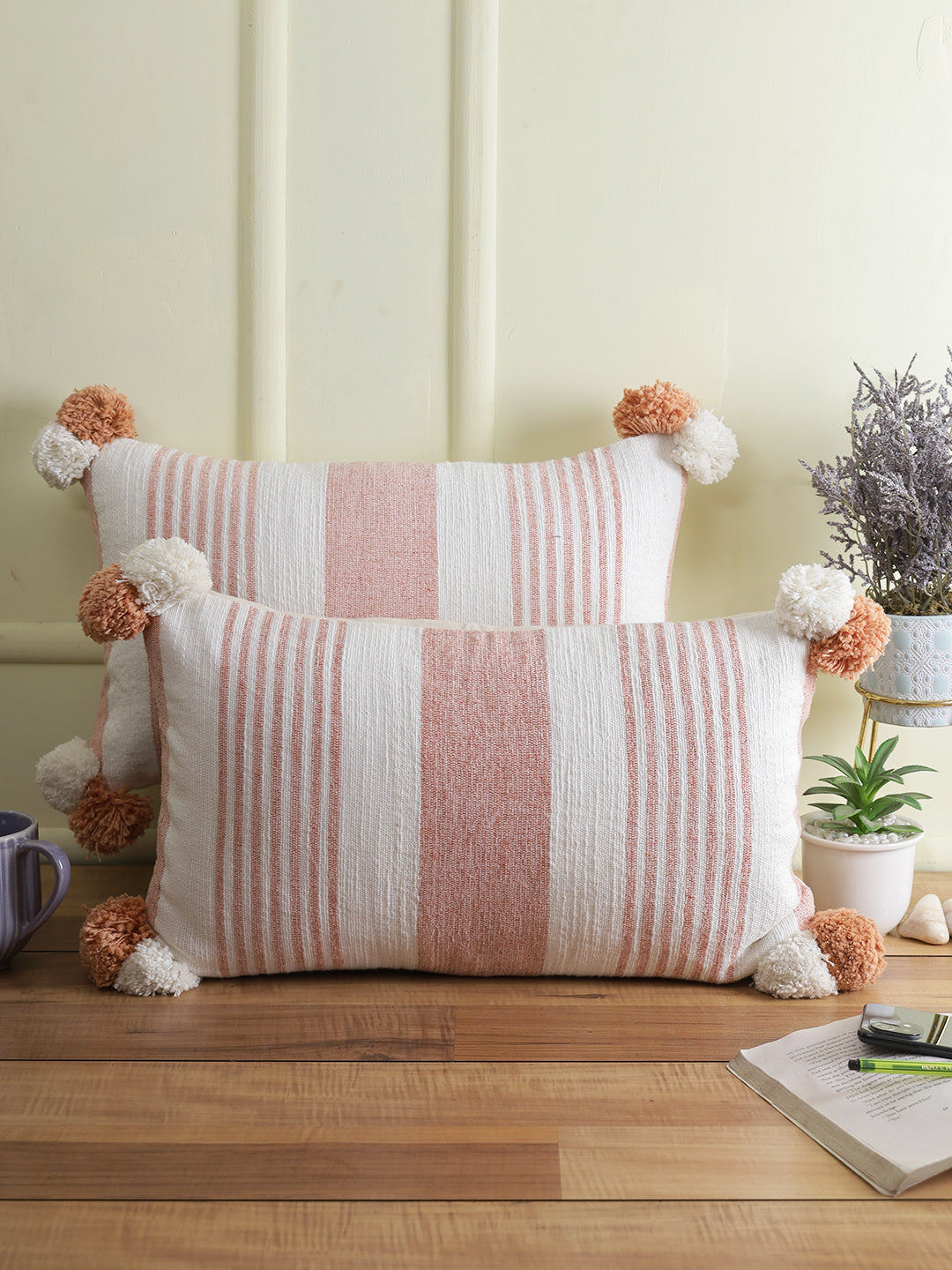 Decorative Peach Striped Set of 2 Cushion Cover