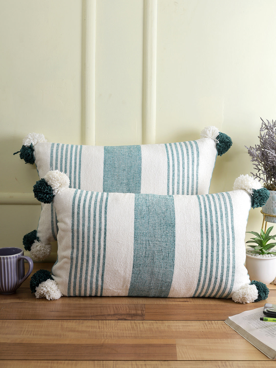 Decorative White and Teal Striped Set of 2 Cushion Cover