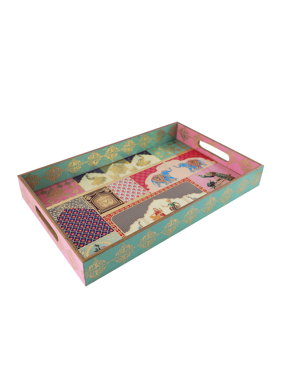 Set of 3 Pink & Green Digital Printed Rectangle Serving Tray