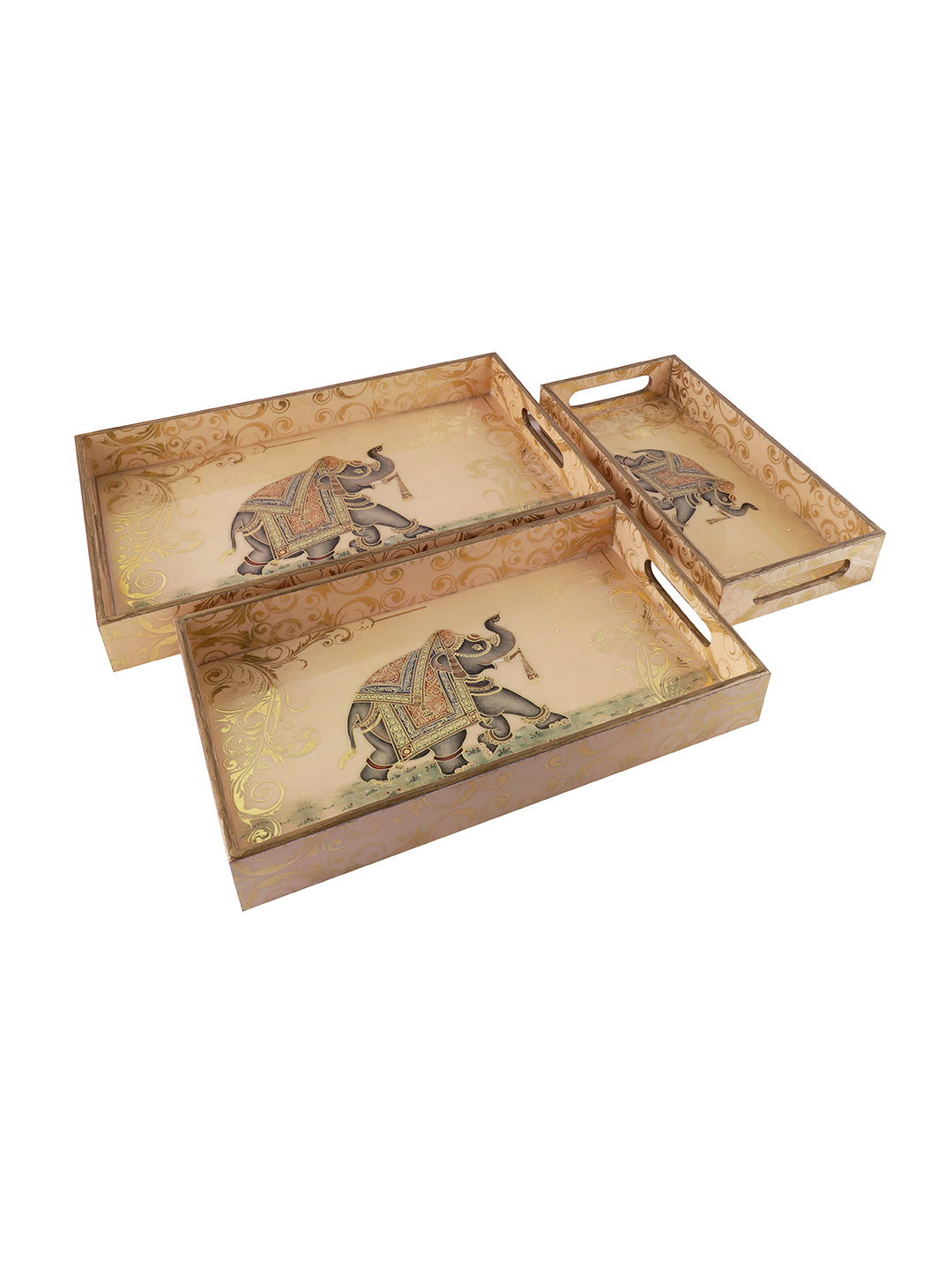 Set of 3 Gold-Coloured Digital Printed Rectangle Serving Tray