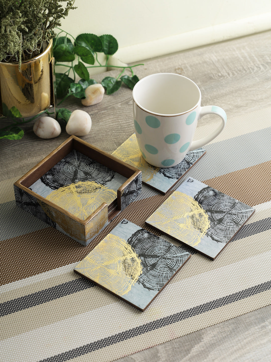 Grey Set Of 7 Digital Printed Coaster With Holder