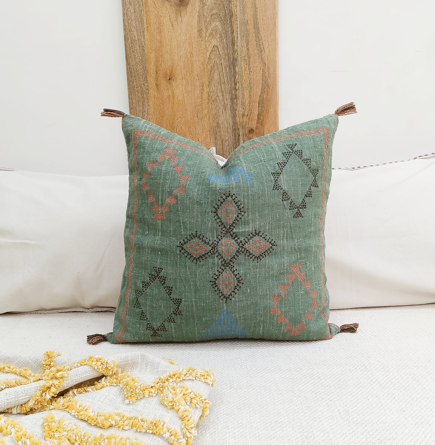 Set of 2 Green Cactus Silk Inspired Handmade Linen Pillow Cover