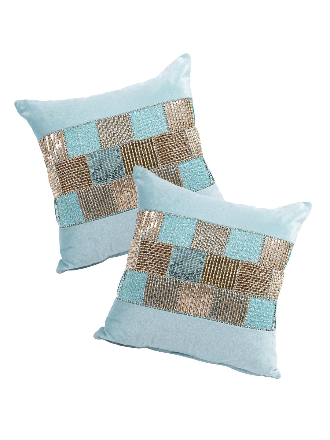 Set Of 2 Turquoise Blue & Gold-Toned Embellished Velvet Square Cushion Covers